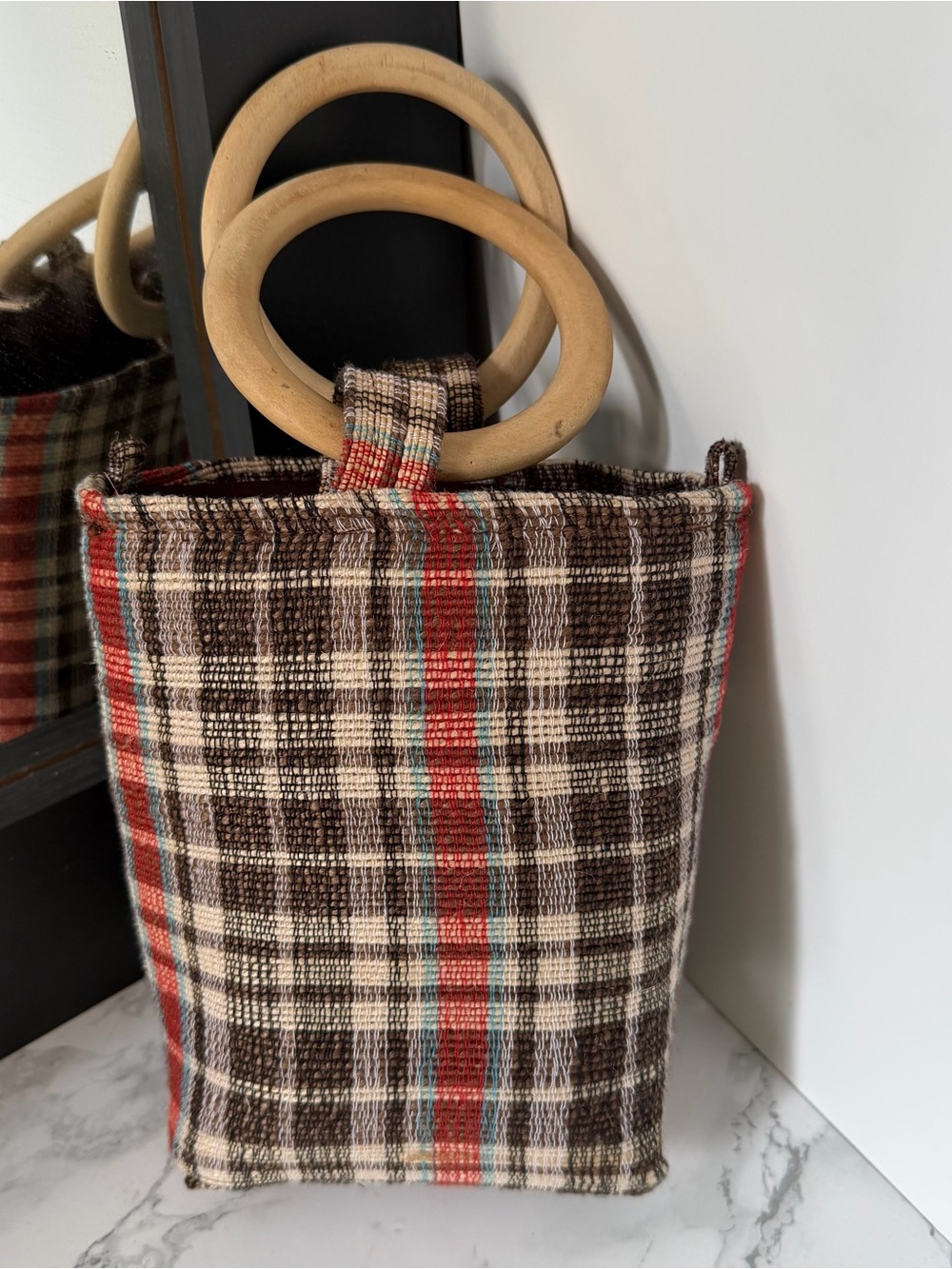 Woven Plaid Bucket Tote with Wooden Ring Handles - Brown/Red